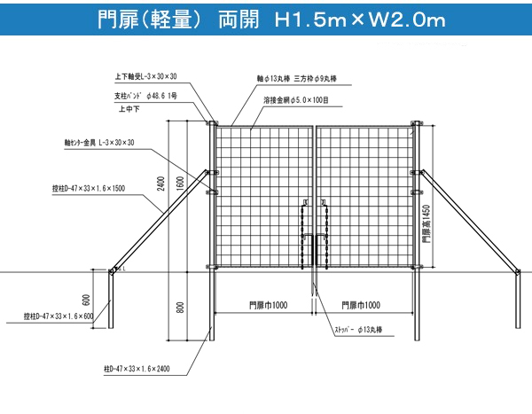 金網門扉 両開 H1.5m×W2.0m(両柱)