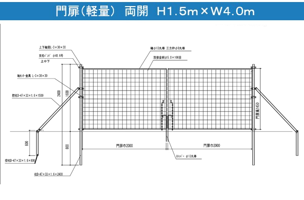 金網門扉 両開 H1.5m×W4.0m(両柱)